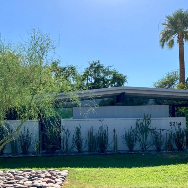 Ralph Haver mid-century modern home in Marlen Grove Phoenix with white courtyard wall, low roofline, clerestory windows, desert landscaping, and palm trees.