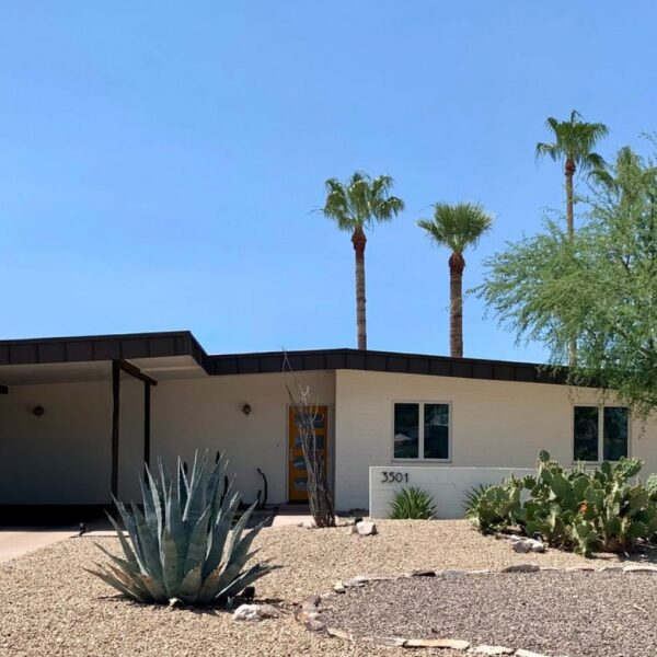 Al Beadle mid-century modern home in Paradise Gardens Phoenix with orange front door, carport, low roofline, cactus landscaping, and palm trees.