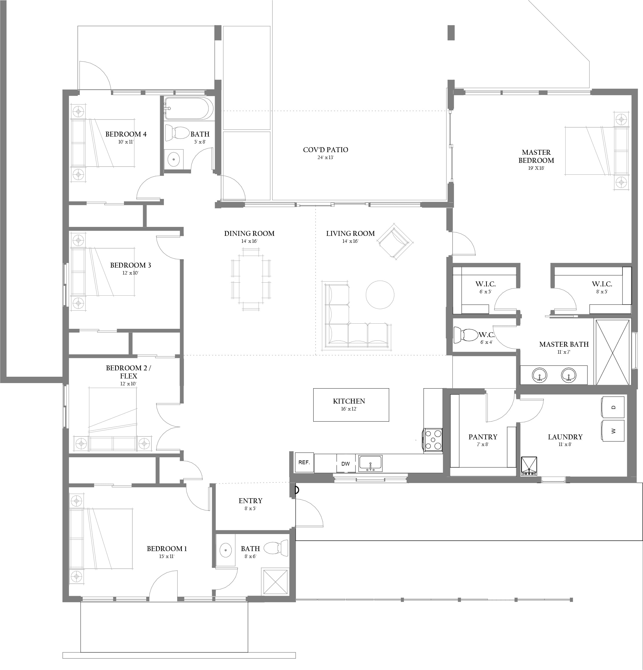 Floor plan of a renovated mid-century modern home in Scottsdale, Arizona, featuring an open-concept layout with four bedrooms, a remodeled kitchen, and indoor-outdoor living spaces.