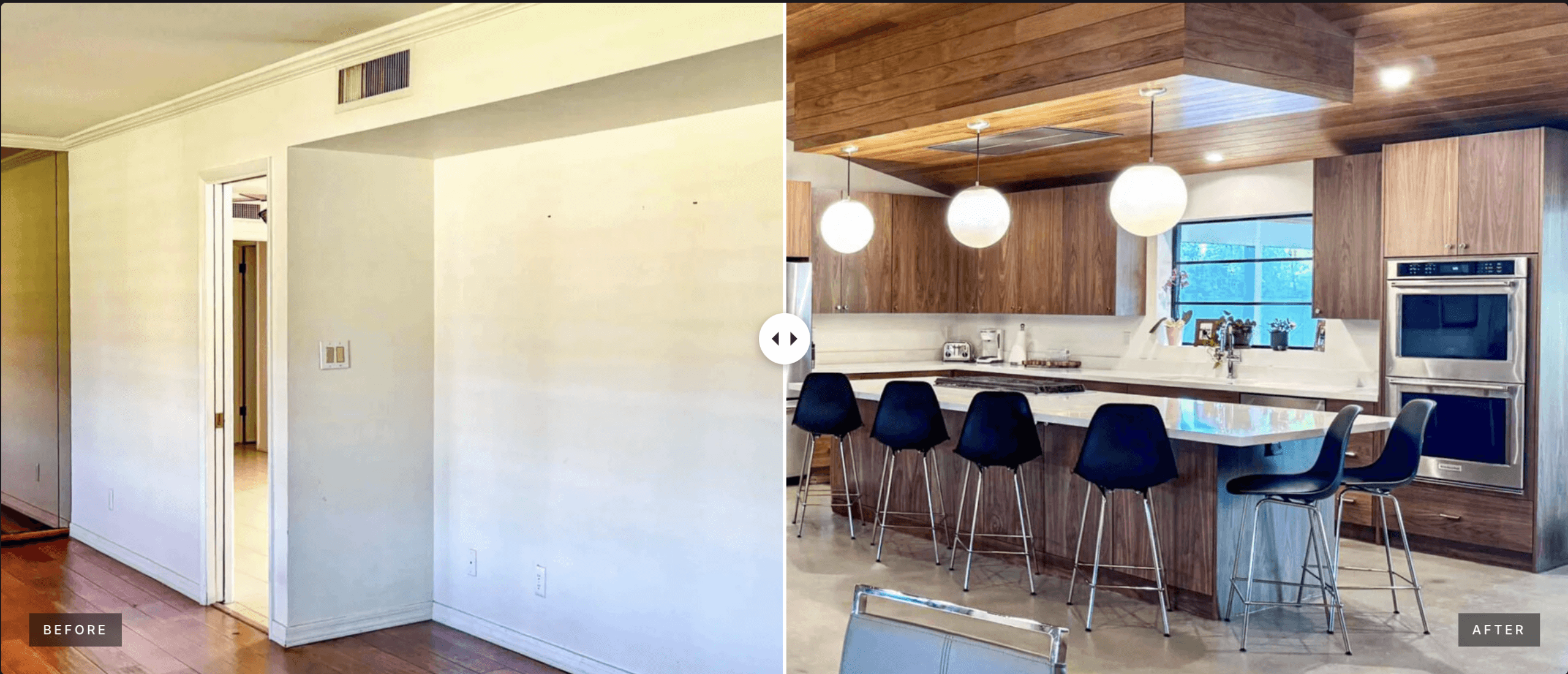 Before and after of a Phoenix mid-century modern kitchen renovation featuring walnut cabinetry, globe pendant lighting, white quartz countertops, and a wood ceiling.