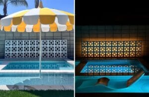 Mid-century modern pool with breeze-block wall shown during the day and illuminated at night.